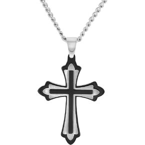 Stainless Steel Three Layer Stacked Cross Pendant on 24" Twisted Curb Chain Necklace with Two Tone Black Combination Finish