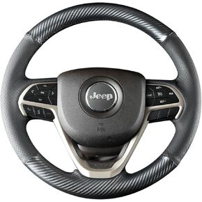 Hand-Sewing Steering Wheel Wrap Cover Black Perforated Leather/Matte Black Carbon Fiber Wrap Interior Protection Accessories for Jeep Grand Cherokee 2014 2015 2016 2017 2018 2019