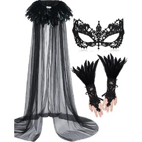 Hercicy 3 Pieces Cloak Feather Witch Cape Lace Long Gloves Witch Spider Web Masquerade Mask for Halloween Party Costume Decor
