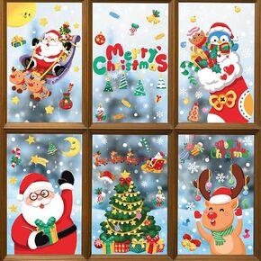 246 Pcs Christmas Window Clings, 6 Sheets Xmas Cute Double-Sided Removable Static Decals for Party, Stocking Santa Claus Candy Reindeer Christmas Tree for Christmas Decoration