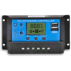 20A Solar Charge Controller, Solar Panel Charge Controller Intelligent Regulator with Dual USB Port 12V/24V,PWM Auto Paremeter Adjustable LCD Display Blue