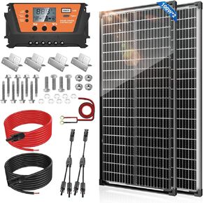 Bifacial 200W Solar Panels Kit Solar Panel with 30A PWM Charge Controller A+ Cell Cables Connectors Brackets Y Branch Adapter Cable for RV Boats Battery Marine Home Outdoor Off-Grid System