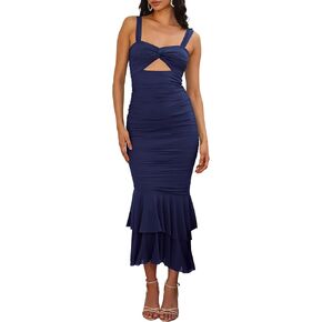 Women's Casual Sleeveless Strap Maxi Dresses Elegant Ruched Fishtail Club Cocktail Party Dress