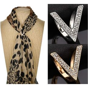 Chris.W Fashion Rhinestone Scarf Rings Clips for Women, Letter V Scarves Holder Buckel, Pack of 2(Silver + Gold) -Valentine‘s Gift