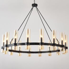 53 Inch Black Wagon Wheel Chandelier with Glass Shade,24 Lights Large Round Industrial High Ceilings Pendant Lighting Fixture,Modern Farmhouse Style (Black - 48 inch - 16 Lights)