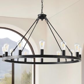 2 Tier Extra Large Wagon Wheel Chandelier 60 Inch Black Farmhouse Wagon Wheel Chandeliers 54-Light Round Industrial Ceiling Light fixtures for Outdoor Porch high Ceilings Living Dining Foyer Entryway