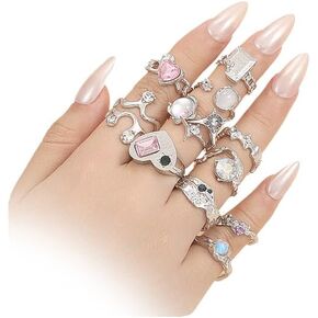 Chunky Silver Knuckle Rings for Women Trendy Rhinestone Snake Stacking Rings Y2k Geometric Heart Crystal Midi Finger Rings Statement Jewelry Gifts