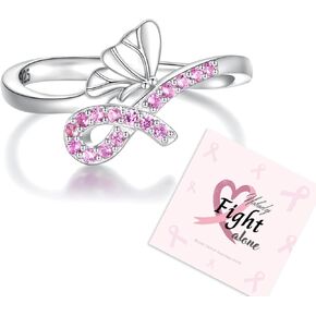 Sterling Silver Butterfly Breast Cancer Awareness Pink Ribbon Ring with CZ Survivor Encouragement Ring Jewelry Gifts for Women Breast Cancer Fighters