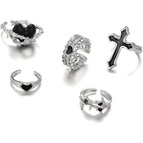 YOOESTORES82 Vintage Silver Black Heart Cross Stacking Rings for Women,Punk Chunky Love Open Knuckle Rings for Women Y2k Jewelry