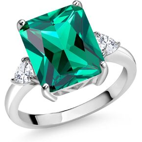 Gem Stone King 925 Sterling Silver Emerald Cut Green Nano Emerald and White Moissanite 3 Stone Ring For Women (5.80 Cttw, Available In Size 5, 6, 7, 8, 9)