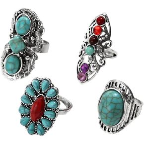 4 Pcs Bohemian Vintage Turquoise Oval Flower Rings for Women Geometric Ethnic Natural Stone Adjustable Silver Joint Knuckle Rings Western Cowgirl Statement Jewelry