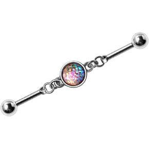 Pierced Owl 14GA Rainbow Mermaid Scales Cabochon Chain 316L Surgical Stainless Steel Industrial Cartilage Barbell