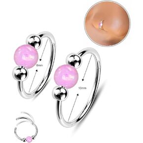 2PCS Opal Nose Rings for Women 8mm/10mm 316L Surgical Steel Septum Ring Silver Opal Nose Piercing Hoops Ring White Red Beaded Cartilage Earrings Jewelry