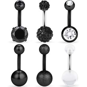 Hoeudjo Short Belly Button Rings 1/4 Inch 14G Surgical Steel Navel Rings Body Piercing Jewelry for Womens with Clear Diamond CZ & Glow in The Dark 6-12 Pieces 6mm