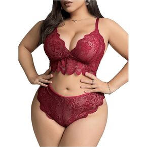 MakeMeChic Women's Plus Size 2 Piece Lingerie Set Floral Lace Criss Cross Scallop Trim Bra and Panty Sets