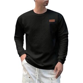 Men's Textured Round Neck Tee Tops Letter Long Sleeve Loose Fit T Shirts Streetwear