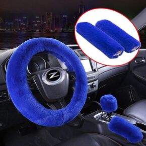 1 Set 5 Pcs Car Steering Wheel Cover & Handbrake Cover & Gear Shift Cover Set & Seat Belt Shoulder Pads Faux Wool Warm Winter-Blue