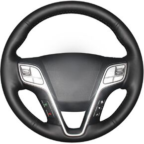 MEWANT Hand-Stitched Black Genuine Leather Steering Wheel Cover Wrap for Hyundai Santa Fe ix45 Accessories Automotive Interior