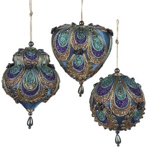 Kurt Adler 3-3.5" Aqua Satin Fabric with Gold, Purple and Green Glitters Tornasol Beads with Rayon Cord Hanging Ornaments: Ball, Dome and Heart Set of 3 for Christmas