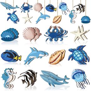 24 Pcs Summer Wooden Ornaments Ocean Beach Tree Decorations Coastal Wood Hanging Decor Beach Sea Animals Cutouts Summer Hanging Ornaments Summer Decorations for Home Small Tree Party Office