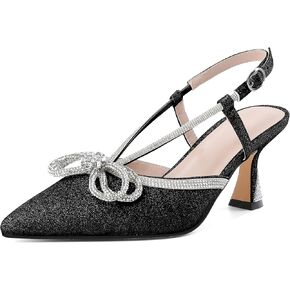 SAMMITOP Women's Slingback Rhinstone Bow Heels Low Kitten Heel Double Bow Pumps Pointed Toe Adjustable Ankle Strap Sparkly Prom Wedding Dress Shoes 2.5 Inch