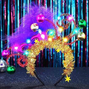GORTIN Mardi Gras Headband Light up Carnival Feather Headpiece Purple Gold Mardi Gras Coatume Headwear Rave Hair Accessories for Women