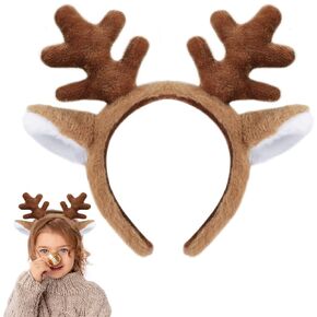 Shintop Deer Antlers Headband, Fluffy Realistic Reindeer Ears Headband adult Cute Reindeer Hat Deer Costume Party Cosplay for Halloween Christmas (Brown, 1pc)