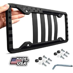 Silicone American Flag License Plate Frame with Embossed 3D Stars on Black Matte Covers for Car Truck SUV - Anti-Rattle, Anti-Scratch - Made in The USA (1)