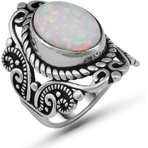 Genuine Solid 925 Sterling Silver, Simulated White Opal Statement Oxidized Ring for Women, Oval Shape