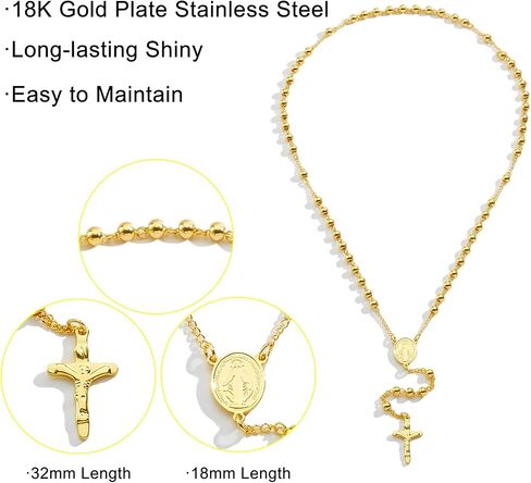 Rosary Beads Catholic Necklace for Women and Men 6mm 18K Gold Plated Stainless Steel Gold Long Crucifix Cross Christian Religious Anglican Prayer Beads Y-Necklace Jewelry with a Gift Box in Saudi Arabia