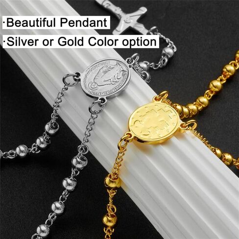 Rosary Beads Catholic Necklace for Women and Men 6mm 18K Gold Plated Stainless Steel Gold Long Crucifix Cross Christian Religious Anglican Prayer Beads Y-Necklace Jewelry with a Gift Box in Saudi Arabia