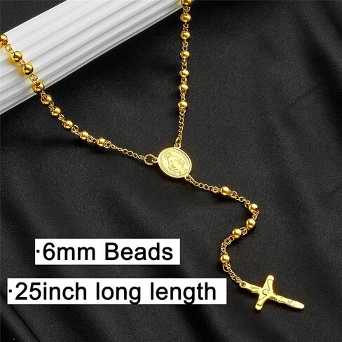Rosary Beads Catholic Necklace for Women and Men 6mm 18K Gold Plated Stainless Steel Gold Long Crucifix Cross Christian Religious Anglican Prayer Beads Y-Necklace Jewelry with a Gift Box in Saudi Arabia