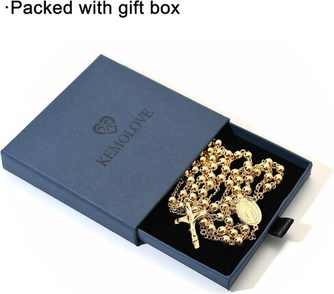 Rosary Beads Catholic Necklace for Women and Men 6mm 18K Gold Plated Stainless Steel Gold Long Crucifix Cross Christian Religious Anglican Prayer Beads Y-Necklace Jewelry with a Gift Box in Saudi Arabia