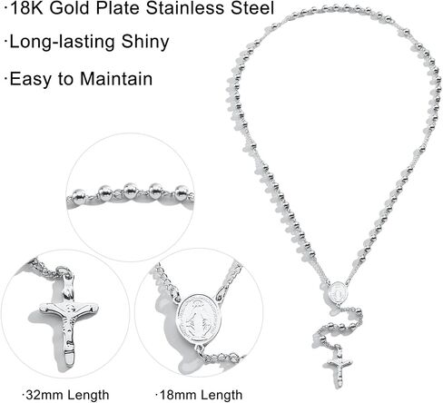 Rosary Beads Catholic Necklace for Women and Men 6mm 18K Gold Plated Stainless Steel Gold Long Crucifix Cross Christian Religious Anglican Prayer Beads Y-Necklace Jewelry with a Gift Box in Saudi Arabia