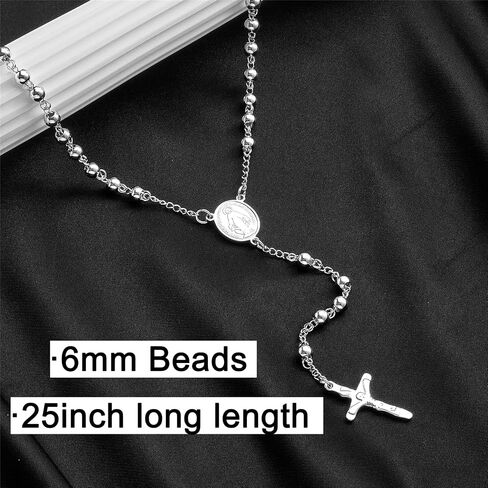 Rosary Beads Catholic Necklace for Women and Men 6mm 18K Gold Plated Stainless Steel Gold Long Crucifix Cross Christian Religious Anglican Prayer Beads Y-Necklace Jewelry with a Gift Box in Saudi Arabia