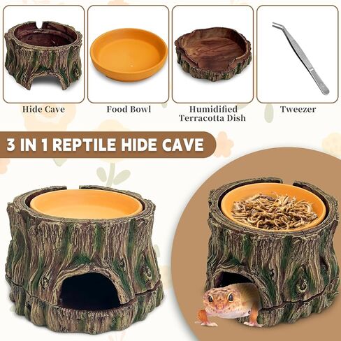 PINVNBY 2 in 1 Reptile Hide Cave with Removable Sump and Humidity Water Dish Reptiles Hideout Water Tank Accessories for Small Reptiles Gecko Leopard Gecko Lizard Snake Crabs in Saudi Arabia