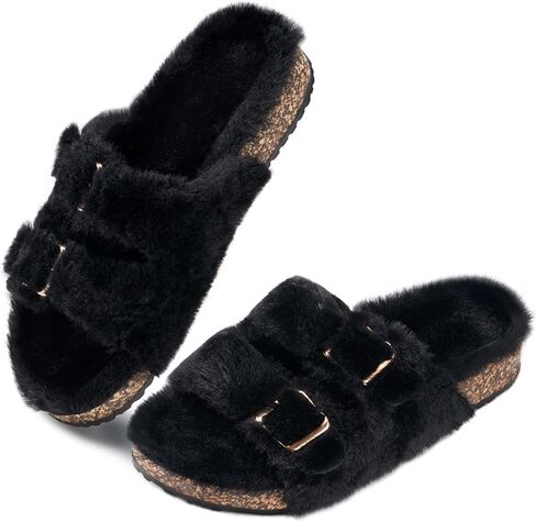Parlovable Women's Slippers Fluffy Open Toe Fur House Shoes Arch Support Adjustable Straps Cork Slide Sandals Fuzzy Bedroom Non Slip Rubber Sole Breathable in Saudi Arabia