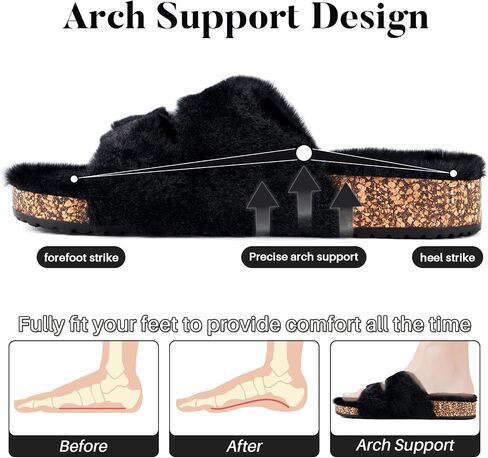 Parlovable Women's Slippers Fluffy Open Toe Fur House Shoes Arch Support Adjustable Straps Cork Slide Sandals Fuzzy Bedroom Non Slip Rubber Sole Breathable in Saudi Arabia