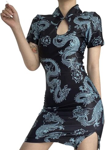 STIOEDYUAN الصينية شيونغسام فستان قصير الأكمام المرأة مثير حفلة موسيقية Bodycon فستان خمر الجانب الشق سليم صالح التنين هالوين زي (الأزرق، M) in Kuwait