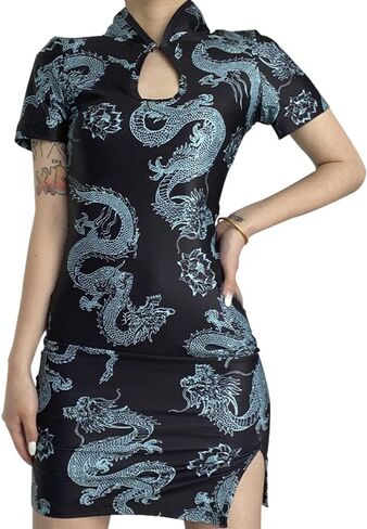 STIOEDYUAN الصينية شيونغسام فستان قصير الأكمام المرأة مثير حفلة موسيقية Bodycon فستان خمر الجانب الشق سليم صالح التنين هالوين زي (الأزرق، M) in Kuwait