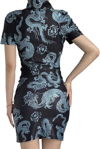 STIOEDYUAN الصينية شيونغسام فستان قصير الأكمام المرأة مثير حفلة موسيقية Bodycon فستان خمر الجانب الشق سليم صالح التنين هالوين زي (الأزرق، M) in Kuwait