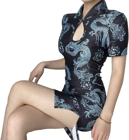 STIOEDYUAN الصينية شيونغسام فستان قصير الأكمام المرأة مثير حفلة موسيقية Bodycon فستان خمر الجانب الشق سليم صالح التنين هالوين زي (الأزرق، M) in Kuwait