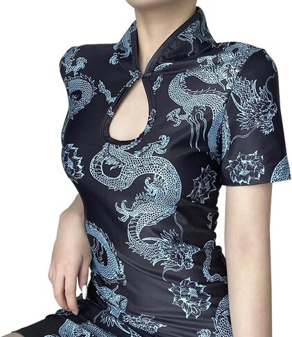 STIOEDYUAN الصينية شيونغسام فستان قصير الأكمام المرأة مثير حفلة موسيقية Bodycon فستان خمر الجانب الشق سليم صالح التنين هالوين زي (الأزرق، M) in Kuwait