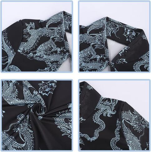 STIOEDYUAN الصينية شيونغسام فستان قصير الأكمام المرأة مثير حفلة موسيقية Bodycon فستان خمر الجانب الشق سليم صالح التنين هالوين زي (الأزرق، M) in Kuwait