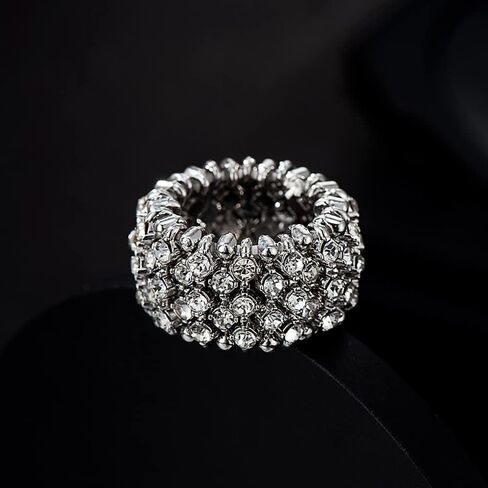 Sparkling Silver/Gold Tennis Crystal Rhinestone Adjustable Stretch Elastic Ring for Women Cocktail Party Costume Jewelry in Saudi Arabia