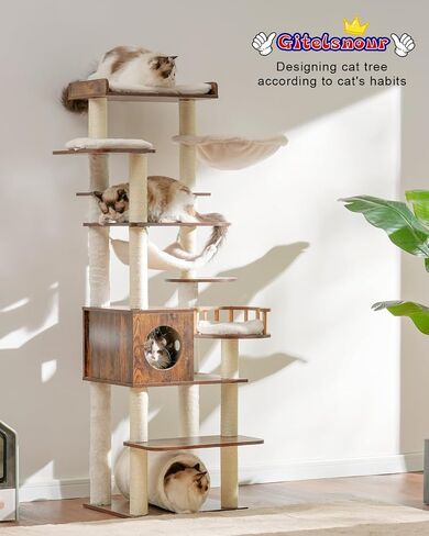 Cactus Cat Tree for Indoor Cats, 64" Tall Cat Tower with Scratching Post, Cat Condo and Platform for Large Adult with Food Station, Cat Tunnel, Hammock, Bowls, Green and Yellow GCT021GY in Saudi Arabia