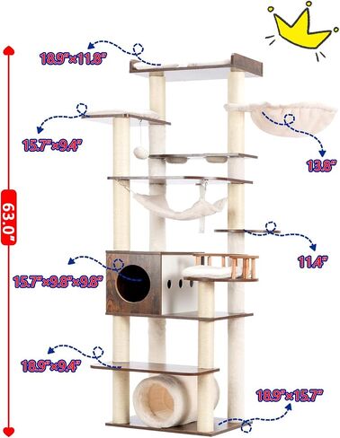 Cactus Cat Tree for Indoor Cats, 64" Tall Cat Tower with Scratching Post, Cat Condo and Platform for Large Adult with Food Station, Cat Tunnel, Hammock, Bowls, Green and Yellow GCT021GY in Saudi Arabia