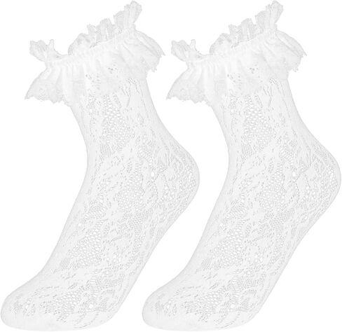 Dohia Womens Lace Ankle Socks Cute Loose Mesh Frilly Socks Dress Socks Lolita Socks Girls Princess Accessories ST3-HBLSDW in Kuwait