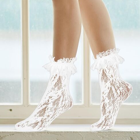 Dohia Womens Lace Ankle Socks Cute Loose Mesh Frilly Socks Dress Socks Lolita Socks Girls Princess Accessories ST3-HBLSDW in Kuwait