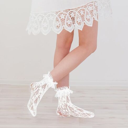 Dohia Womens Lace Ankle Socks Cute Loose Mesh Frilly Socks Dress Socks Lolita Socks Girls Princess Accessories ST3-HBLSDW in Kuwait